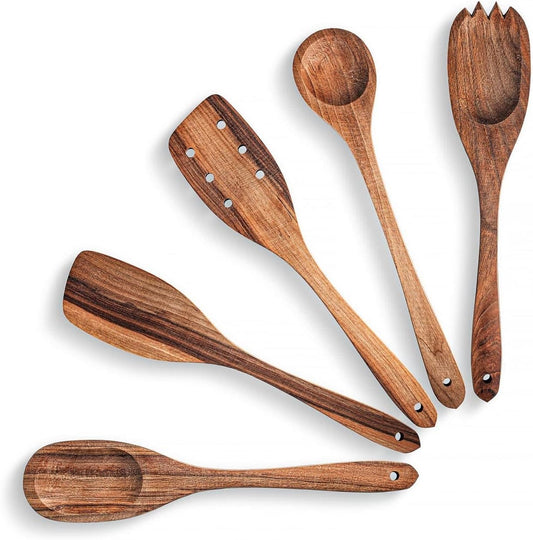 Premium Walnut Handmade Wooden Spoon Set - 5-Piece Heavy-Duty Short Angled Spatula and Flat Cooking Utensils for Serving Fufu and More