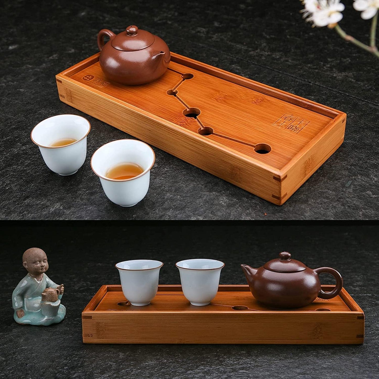 Bamboo Tea Tray for Gongfu Tea Service - Traditional Chinese and Japanese Tea Table with Water Storage