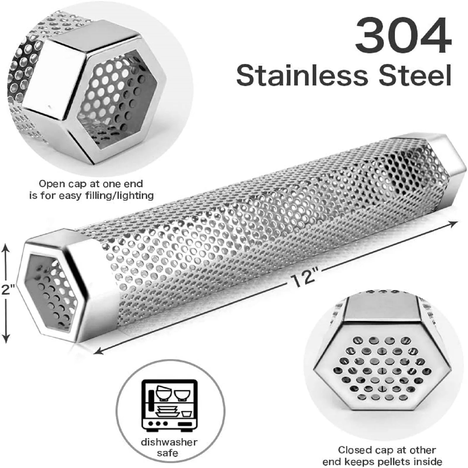 12-Inch Pellet Smoker Tube for All Grills and Smokers – Stainless Steel Smoke Tube for Cold and Hot Smoking – Long-Lasting 5-Hour BBQ Smoke with Wood Pellets or Chips