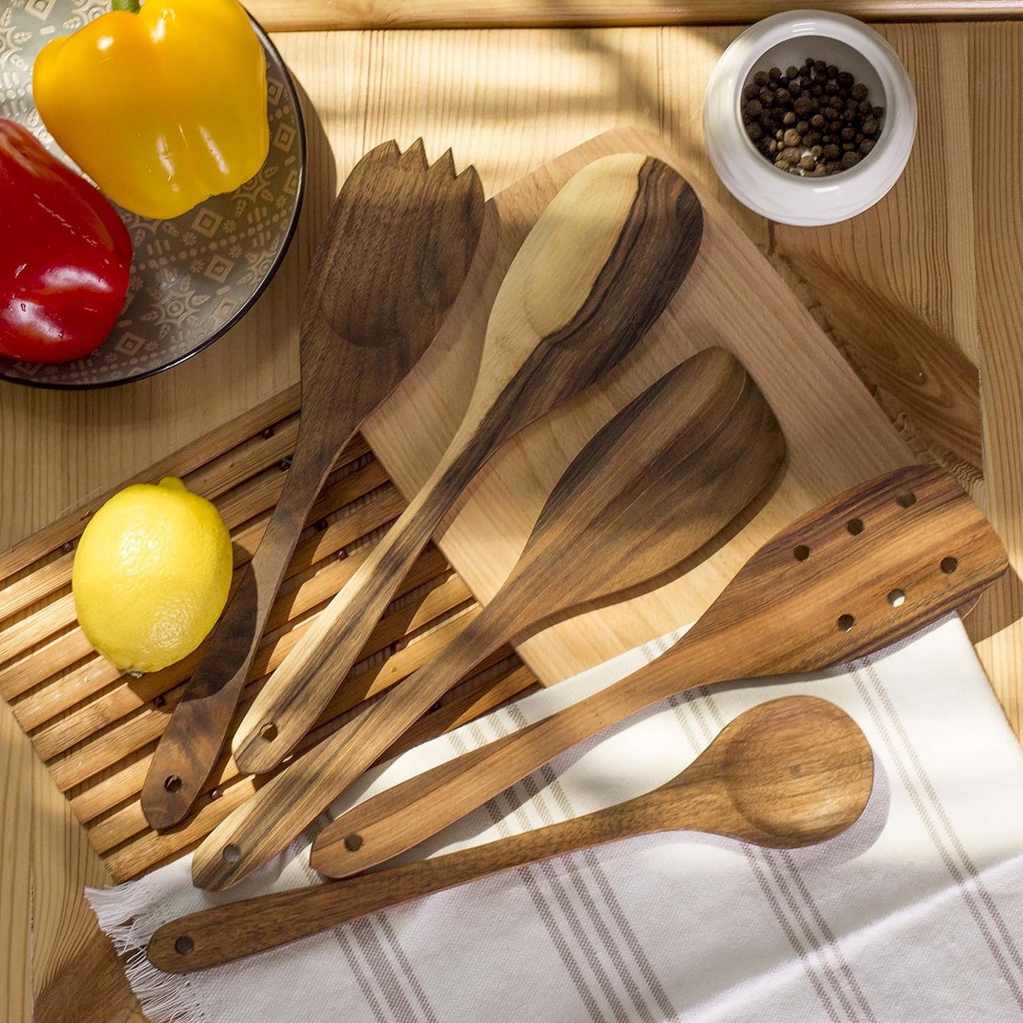 Premium Walnut Handmade Wooden Spoon Set - 5-Piece Heavy-Duty Short Angled Spatula and Flat Cooking Utensils for Serving Fufu and More