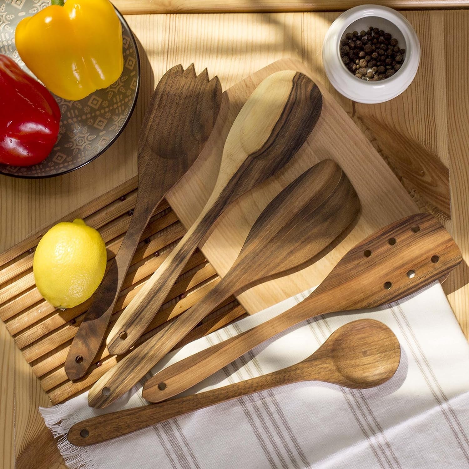 Premium Walnut Handmade Wooden Spoon Set - 5-Piece Heavy-Duty Short Angled Spatula and Flat Cooking Utensils for Serving Fufu and More