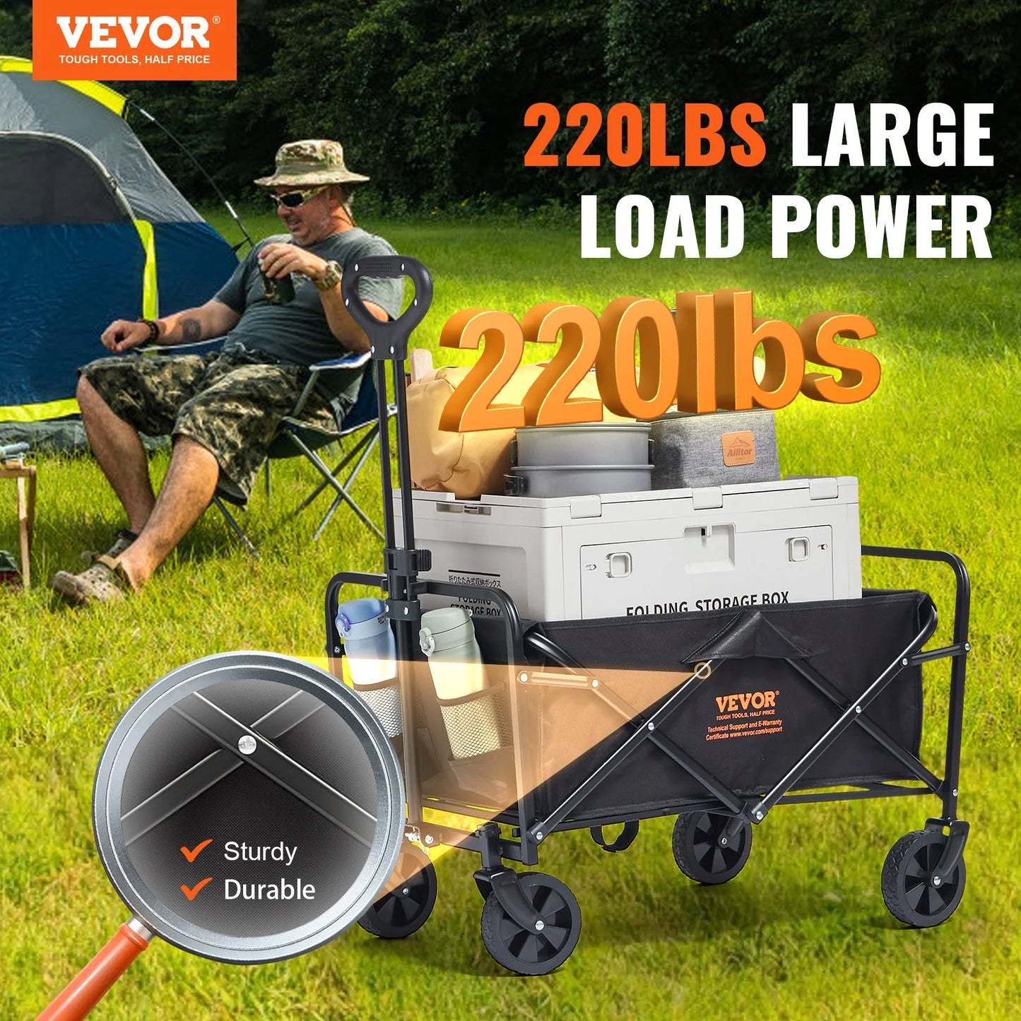 VEVOR Collapsible Folding Wagon – 2 Cu.Ft Beach Cart with 5" All-Terrain Wheels, 220 lbs Capacity, Drink Holders – Ideal for Camping, Shopping & Outdoor Use