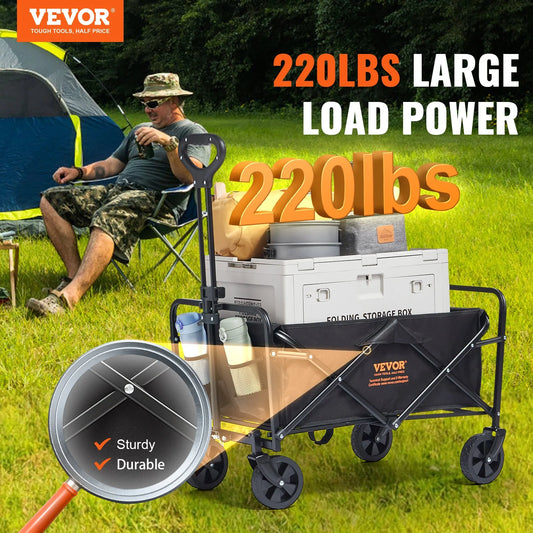 VEVOR Collapsible Folding Wagon – 2 Cu.Ft Beach Cart with 5" All-Terrain Wheels, 220 lbs Capacity, Drink Holders – Ideal for Camping, Shopping & Outdoor Use