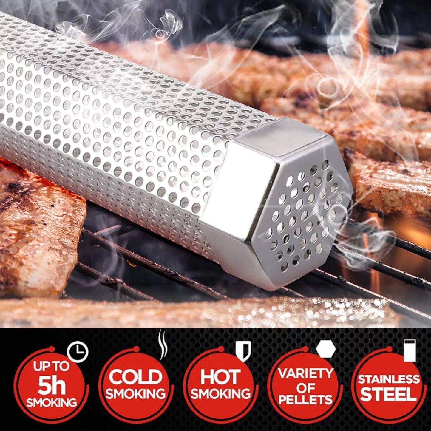 12-Inch Pellet Smoker Tube for All Grills and Smokers – Stainless Steel Smoke Tube for Cold and Hot Smoking – Long-Lasting 5-Hour BBQ Smoke with Wood Pellets or Chips