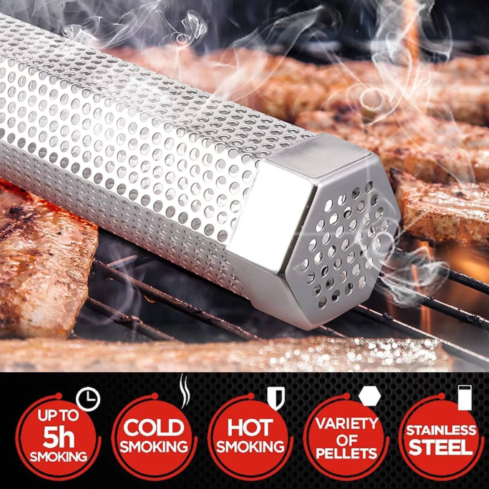12-Inch Pellet Smoker Tube for All Grills and Smokers – Stainless Steel Smoke Tube for Cold and Hot Smoking – Long-Lasting 5-Hour BBQ Smoke with Wood Pellets or Chips