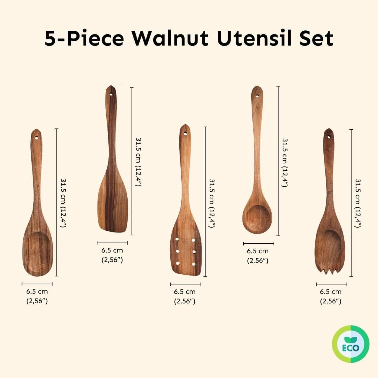 Premium Walnut Handmade Wooden Spoon Set - 5-Piece Heavy-Duty Short Angled Spatula and Flat Cooking Utensils for Serving Fufu and More