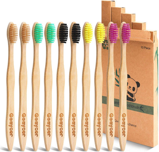 Eco-Friendly Bamboo Toothbrushes - 10-Pack with Medium Firm Bristles - Biodegradable Wooden Toothbrushes