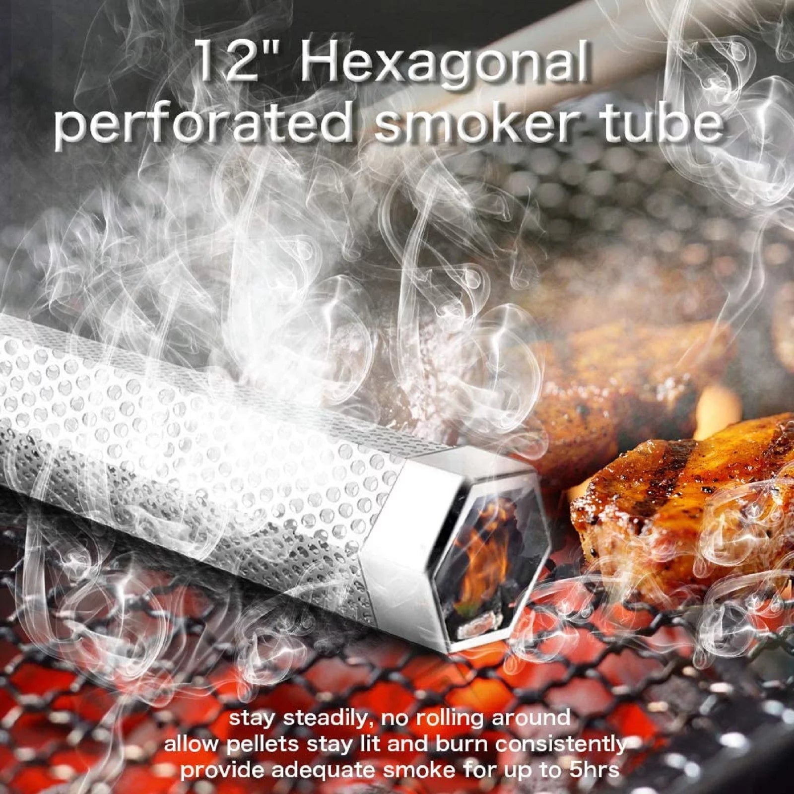 12-Inch Pellet Smoker Tube for All Grills and Smokers – Stainless Steel Smoke Tube for Cold and Hot Smoking – Long-Lasting 5-Hour BBQ Smoke with Wood Pellets or Chips