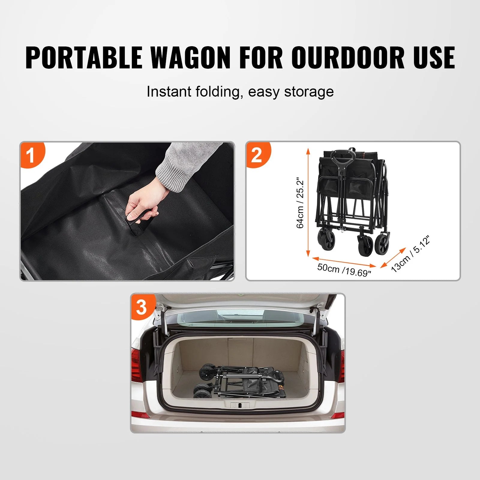 VEVOR Collapsible Folding Wagon – 2 Cu.Ft Beach Cart with 5" All-Terrain Wheels, 220 lbs Capacity, Drink Holders – Ideal for Camping, Shopping & Outdoor Use