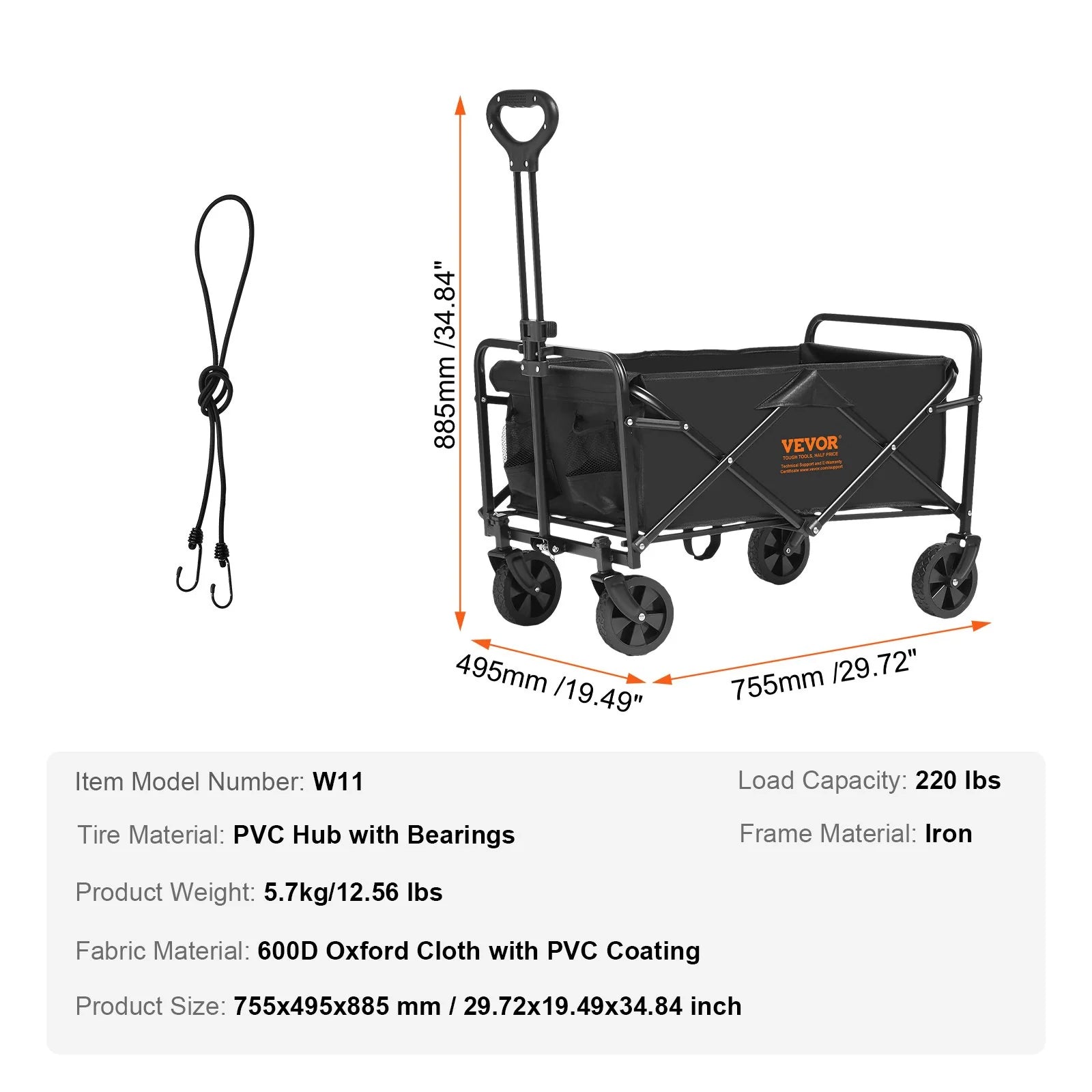 VEVOR Collapsible Folding Wagon – 2 Cu.Ft Beach Cart with 5" All-Terrain Wheels, 220 lbs Capacity, Drink Holders – Ideal for Camping, Shopping & Outdoor Use