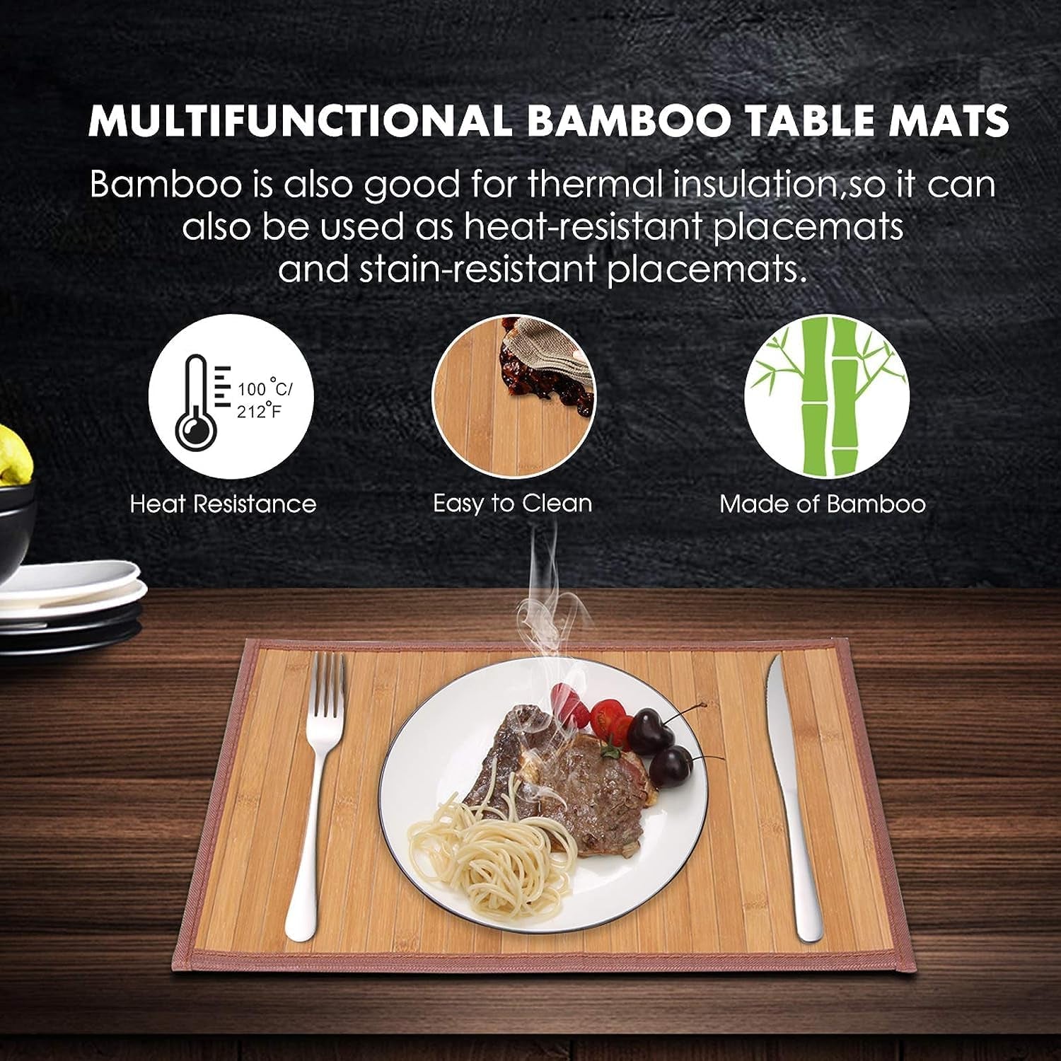 Bamboo Dining Table Placemats Set of 4 - Stain and Heat Resistant, Durable Kitchen Table Mats