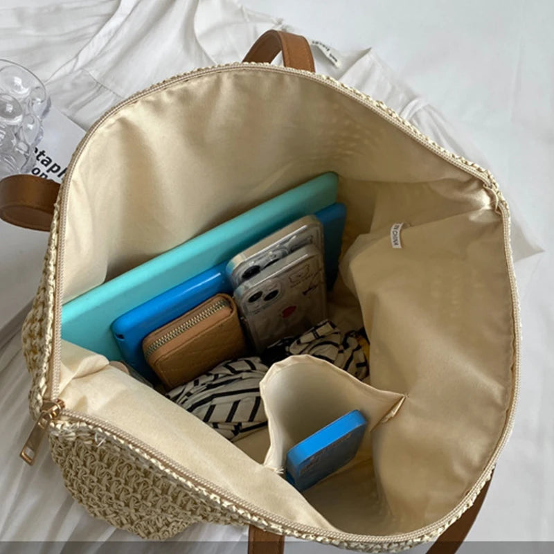 Square Bucket Straw Beach Bag Handmade Woven Shoulder Bag Raffia Rattan Shopping Travel Totes Bohemian Summer Casual Handbag