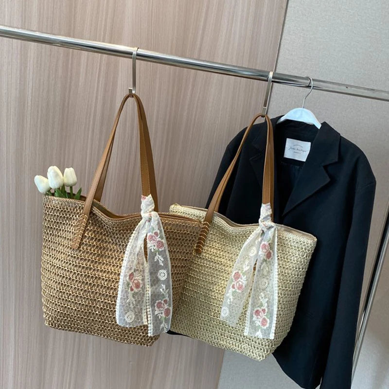 Square Bucket Straw Beach Bag Handmade Woven Shoulder Bag Raffia Rattan Shopping Travel Totes Bohemian Summer Casual Handbag
