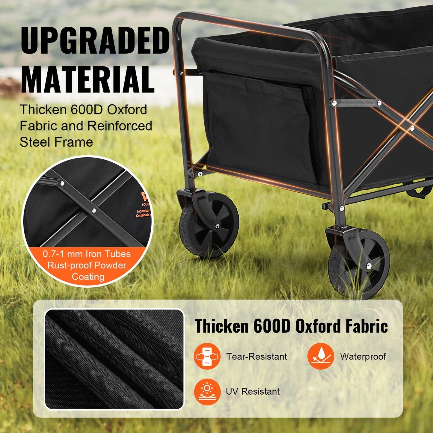 VEVOR Collapsible Folding Wagon – 2 Cu.Ft Beach Cart with 5" All-Terrain Wheels, 220 lbs Capacity, Drink Holders – Ideal for Camping, Shopping & Outdoor Use