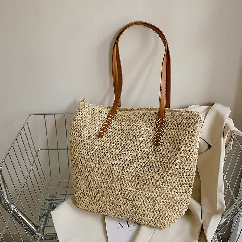 Square Bucket Straw Beach Bag Handmade Woven Shoulder Bag Raffia Rattan Shopping Travel Totes Bohemian Summer Casual Handbag