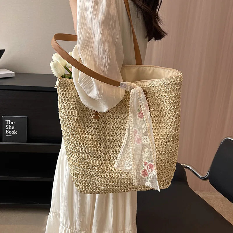 Square Bucket Straw Beach Bag Handmade Woven Shoulder Bag Raffia Rattan Shopping Travel Totes Bohemian Summer Casual Handbag