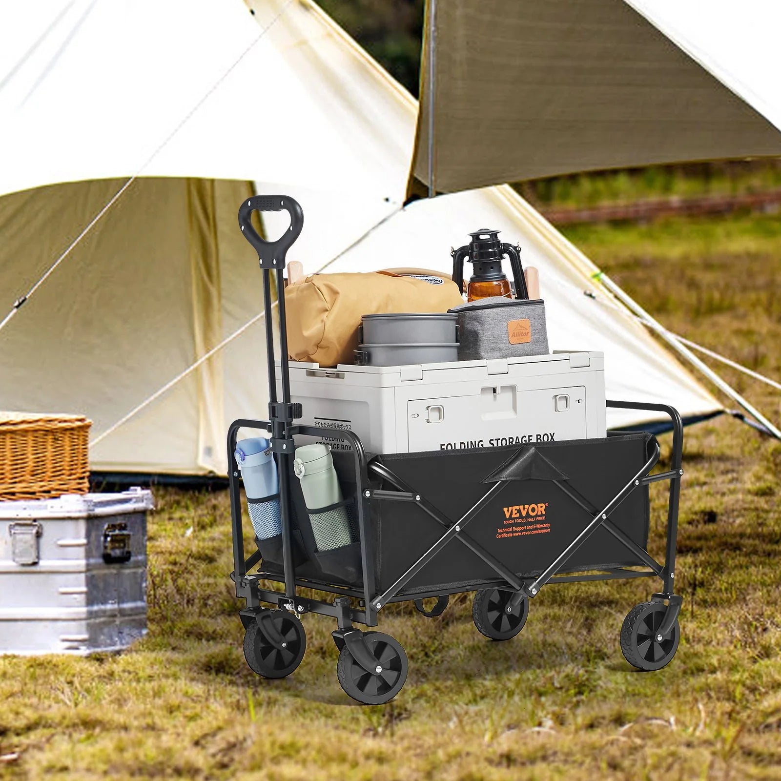 VEVOR Collapsible Folding Wagon – 2 Cu.Ft Beach Cart with 5" All-Terrain Wheels, 220 lbs Capacity, Drink Holders – Ideal for Camping, Shopping & Outdoor Use