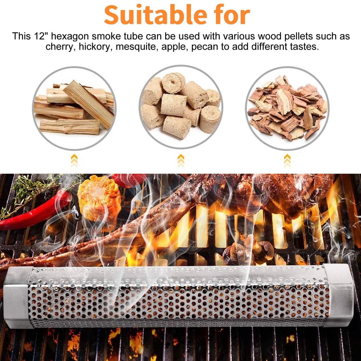 12-Inch Pellet Smoker Tube for All Grills and Smokers – Stainless Steel Smoke Tube for Cold and Hot Smoking – Long-Lasting 5-Hour BBQ Smoke with Wood Pellets or Chips