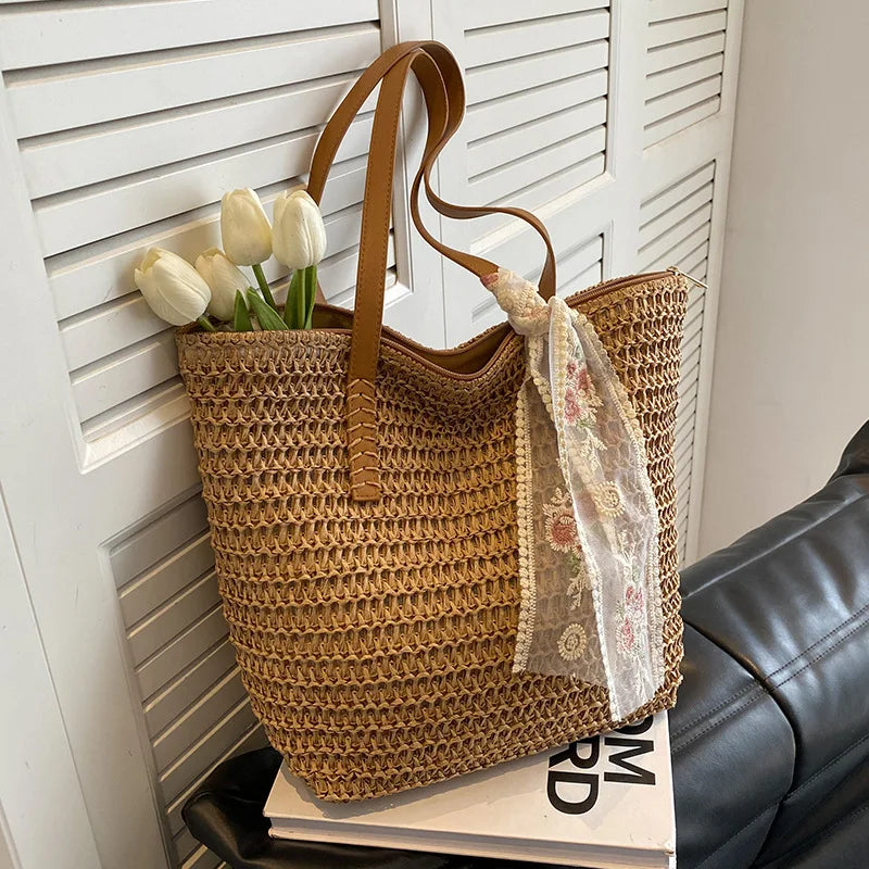Square Bucket Straw Beach Bag Handmade Woven Shoulder Bag Raffia Rattan Shopping Travel Totes Bohemian Summer Casual Handbag