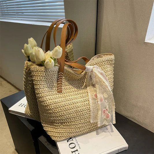Square Bucket Straw Beach Bag Handmade Woven Shoulder Bag Raffia Rattan Shopping Travel Totes Bohemian Summer Casual Handbag