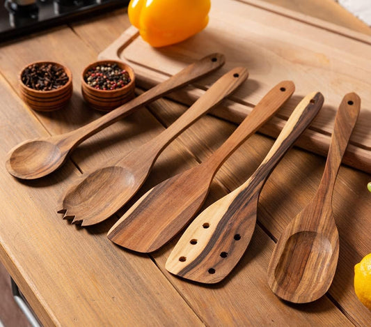 Premium Walnut Handmade Wooden Spoon Set - 5-Piece Heavy-Duty Short Angled Spatula and Flat Cooking Utensils for Serving Fufu and More