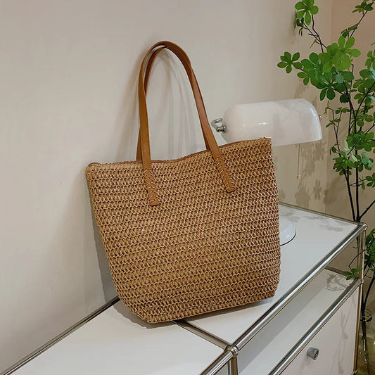 Square Bucket Straw Beach Bag Handmade Woven Shoulder Bag Raffia Rattan Shopping Travel Totes Bohemian Summer Casual Handbag